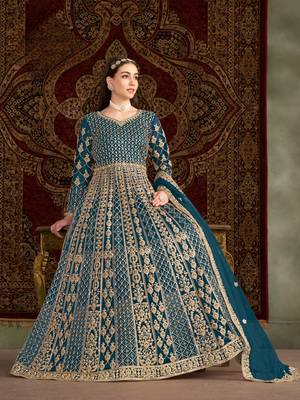 Teal embroidered net anarkali suit 2