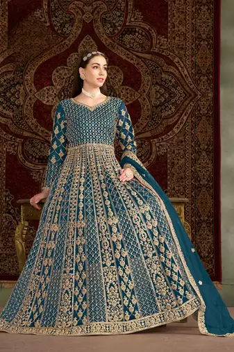 Teal embroidered net anarkali suit