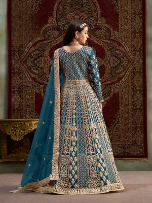 Teal embroidered net anarkali suit 3