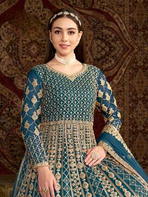 Teal embroidered net anarkali suit 4