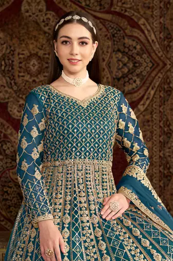 Teal embroidered net anarkali suit