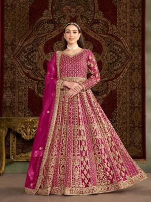 Rani pink embroidered net anarkali suit 1