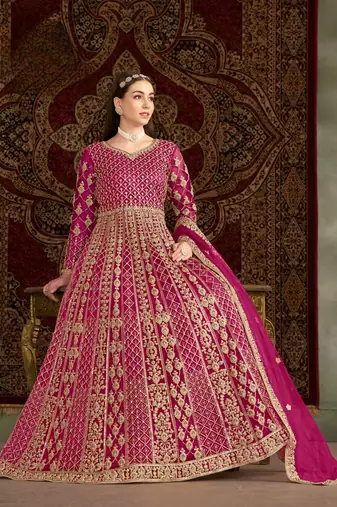 Rani pink embroidered net anarkali suit
