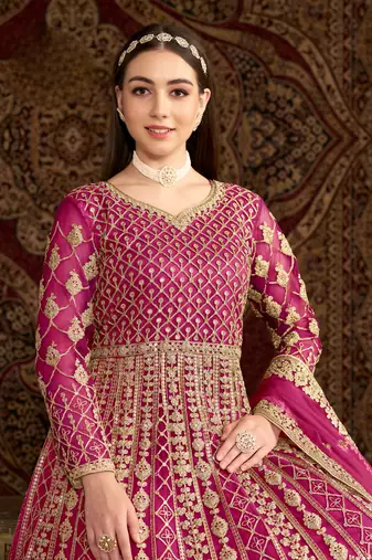 Rani pink embroidered net anarkali suit
