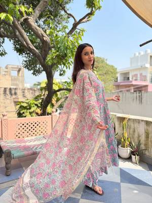 Green cotton block printed suit set 4