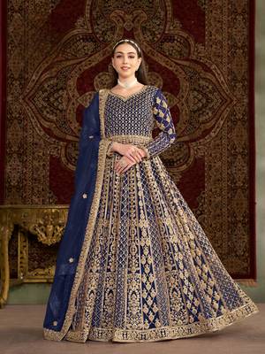 Navy blue embroidered net anarkali suit 1