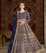 Navy blue embroidered net semi stitched anarkali suit