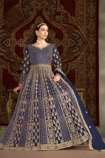 Navy blue embroidered net anarkali suit