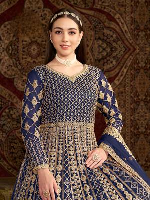 Navy blue embroidered net anarkali suit 4