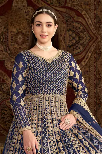 Navy blue embroidered net anarkali suit