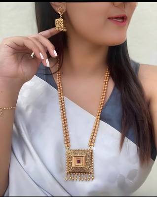 Handcrafted long gold-plated necklace with square pendant | traditional ethnic jewelry for women 1