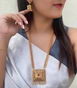 Handcrafted long gold-plated necklace with square pendant | traditional ethnic jewelry for women