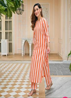 Mustard rayon stripe kurti with pant 1