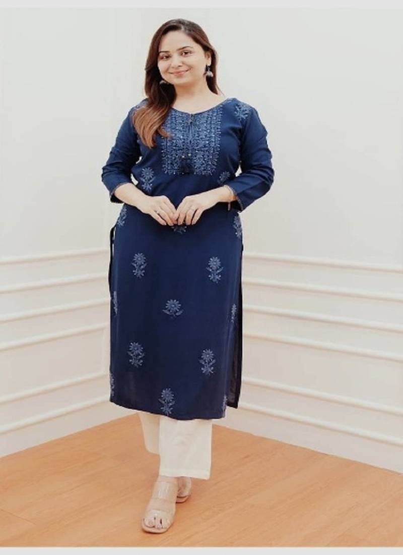 Rayon blue embroidery kurti with pant