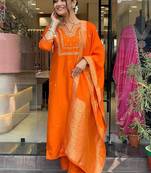 Orange viscose chanderi heavy thread embroidery work with jacquard woven dupatta kurta pant set