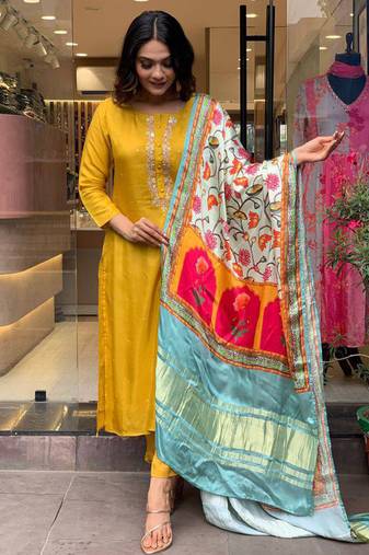 Mustard viscose chanderi heavy thread embroidery work with printed dupatta kurta pant set