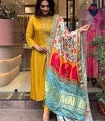 Mustard viscose chanderi heavy thread embroidery work with printed dupatta kurta pant set