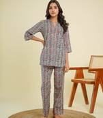 Green cotton block printed lounge wear