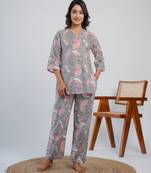 Grey cotton block printed lounge wear