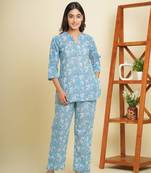 Blue cotton block printed lounge wear