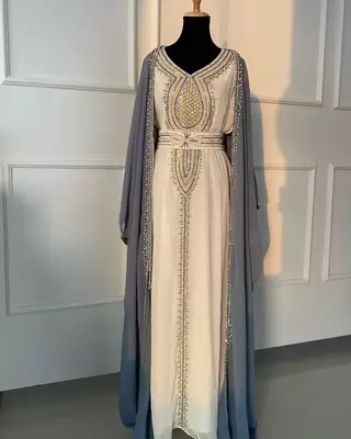 White and Gray Georgette Zari Work Party & Wedding Kaftan 1