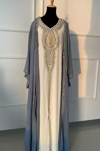 White and Gray Georgette Zari Work Party & Wedding Kaftan