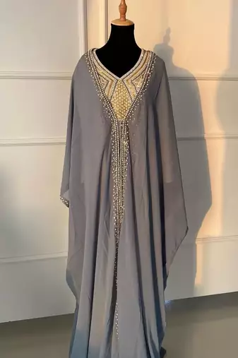 White and Gray Georgette Zari Work Party & Wedding Kaftan
