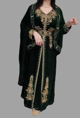 Black color Handmade Moroccan Kaftan with Embroidered zari work hijab 1