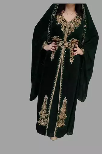 Black color Handmade Moroccan Kaftan with Embroidered zari work hijab