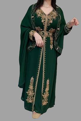 Dark Green color Handmade Moroccan Kaftan with Embroidered zari work hijab 1