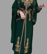 Dark Green color luxurious Handmade Moroccan Kaftan with Embroidered zari work hijab