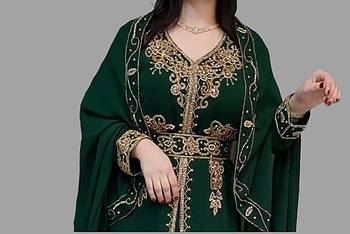 Dark Green color Handmade Moroccan Kaftan with Embroidered zari work hijab 2