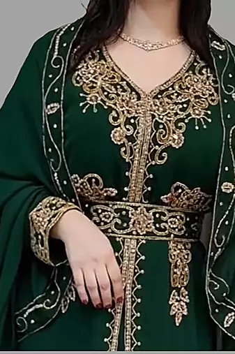 Dark Green color Handmade Moroccan Kaftan with Embroidered zari work hijab
