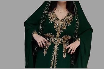 Dark Green color Handmade Moroccan Kaftan with Embroidered zari work hijab 3