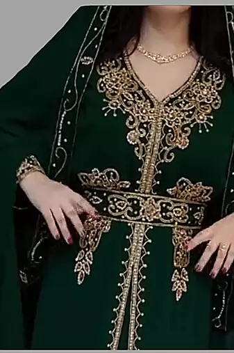 Dark Green color Handmade Moroccan Kaftan with Embroidered zari work hijab