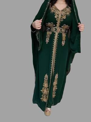 Dark Green color Handmade Moroccan Kaftan with Embroidered zari work hijab 4