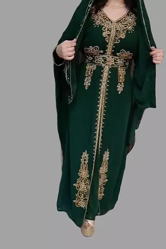 Dark Green color Handmade Moroccan Kaftan with Embroidered zari work hijab