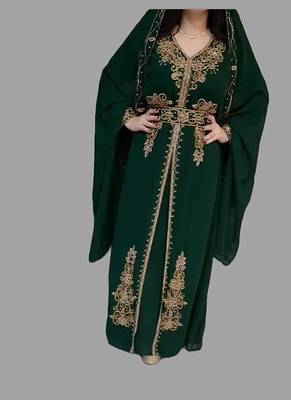 Dark Green color Handmade Moroccan Kaftan with Embroidered zari work hijab 5