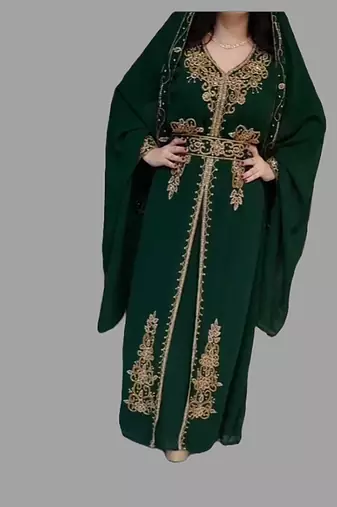 Dark Green color Handmade Moroccan Kaftan with Embroidered zari work hijab
