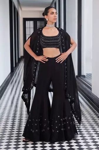 Cluster flower emb cape with placement emb shararaand bustier
