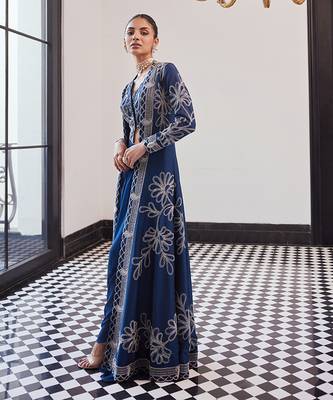 Blue Embellished Tafeeta Three Piece Co Ord Set 2
