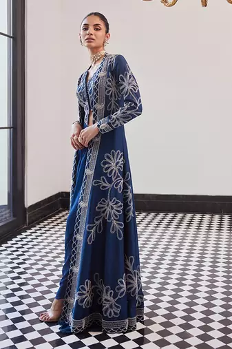 Blue Embellished Tafeeta Three Piece Co Ord Set