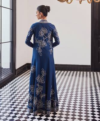 Blue Embellished Tafeeta Three Piece Co Ord Set 3