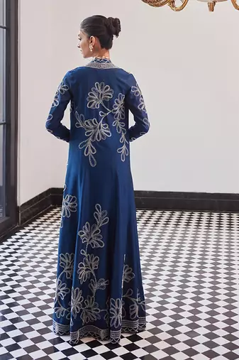 Blue Embellished Tafeeta Three Piece Co Ord Set