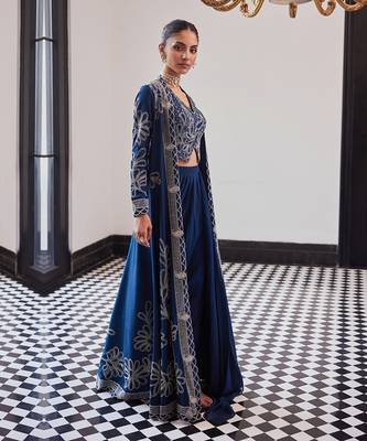 Blue Embellished Tafeeta Three Piece Co Ord Set 4