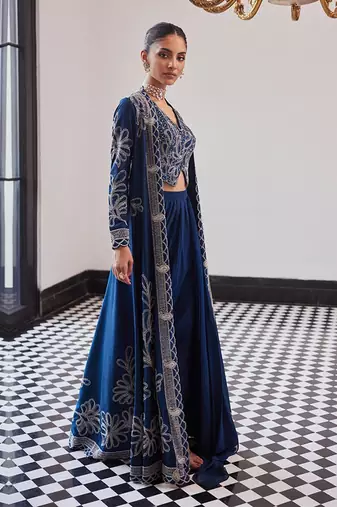 Blue Embellished Tafeeta Three Piece Co Ord Set