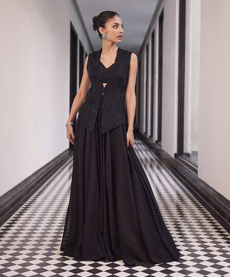 tone on tone emb on waistcoat and organza lengha and embellished bustier 2