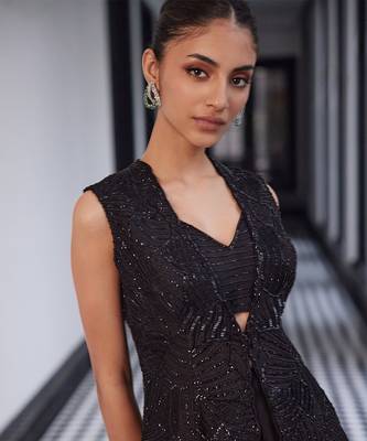 tone on tone emb on waistcoat and organza lengha and embellished bustier 3