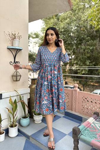 Blue cotton block printed dress