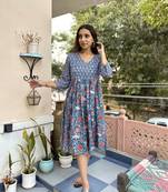 Blue cotton block printed dress